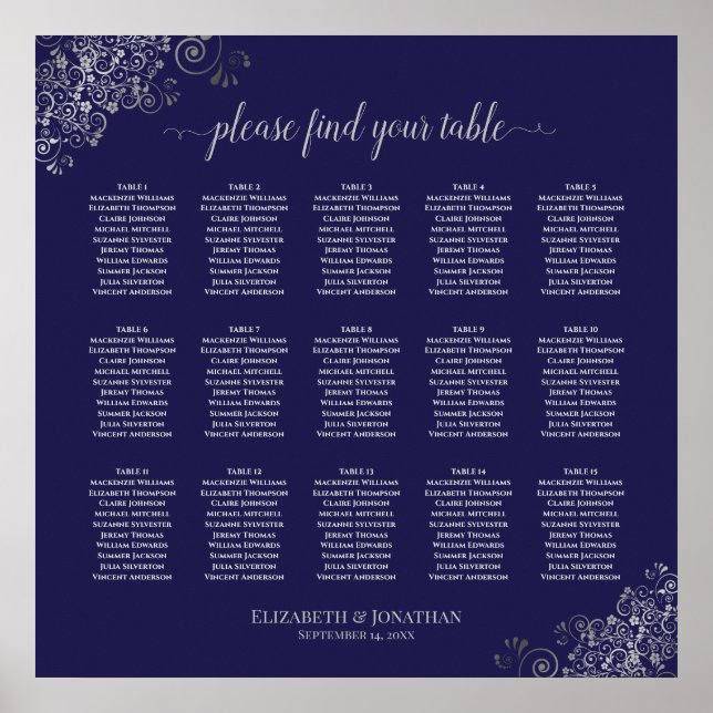 Silver on Navy Blue 15 Table Wedding Seating Chart (Front)