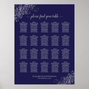 Silver on Navy Blue 20 Table Wedding Seating Chart