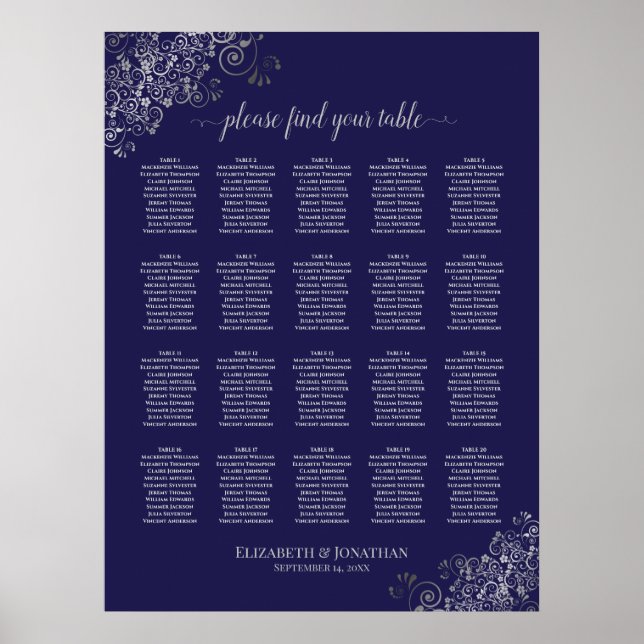 Silver on Navy Blue 20 Table Wedding Seating Chart (Front)