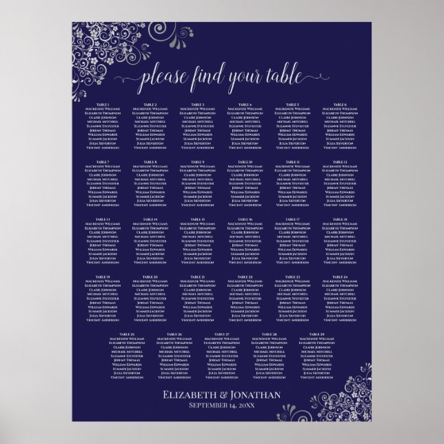 Silver on Navy Blue 29 Table Wedding Seating Chart (Front)