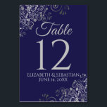 Silver on Navy Blue Elegant Filigree Wedding Table Number<br><div class="desc">Make your wedding reception beautiful with these table number cards. They feature a simple yet elegant design with pale grey text on a navy blue background with a frilly silver faux foil floral filigree in the corners.</div>
