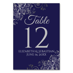 Silver on Navy Blue Elegant Filigree Wedding Table Number
