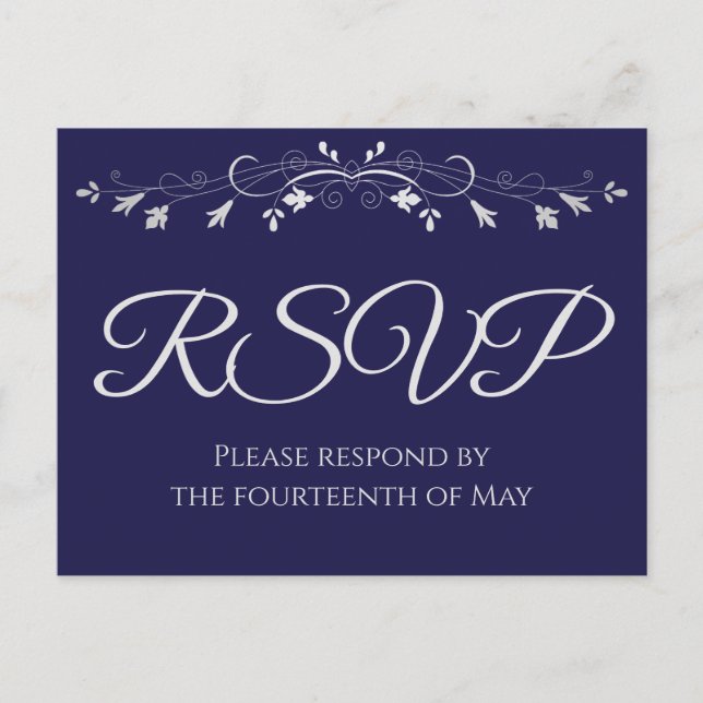 Silver on Navy Blue Elegant Wedding RSVP Postcard (Front)