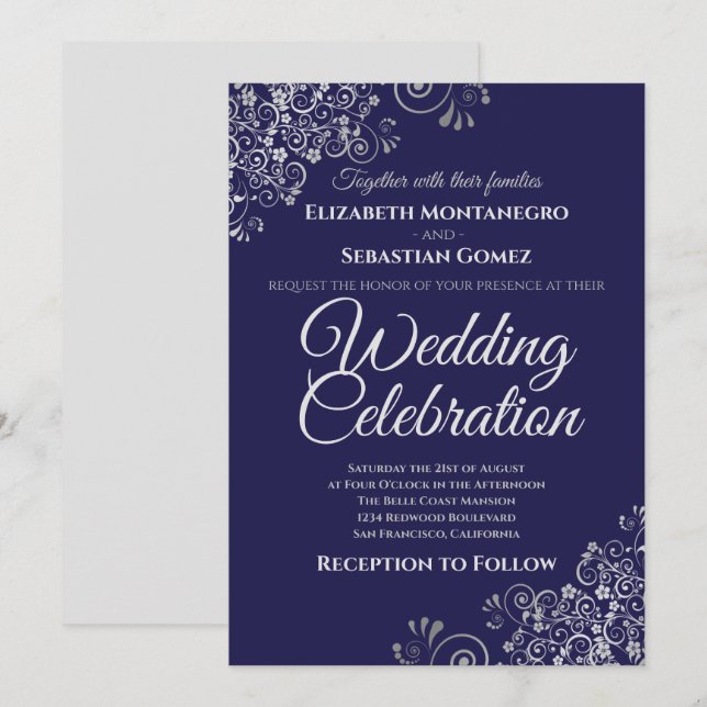 Silver on Navy Blue Simple Elegant Wedding Invitation (Front/Back)