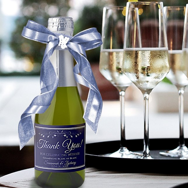 Silver on Navy Blue Wedding Thank You Mini Bottle Sparkling Wine Label (Creator Uploaded)