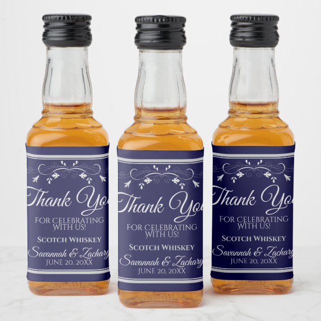 Silver on Navy Blue Wedding Thank You Mini Liquor Bottle Label (Bottles)