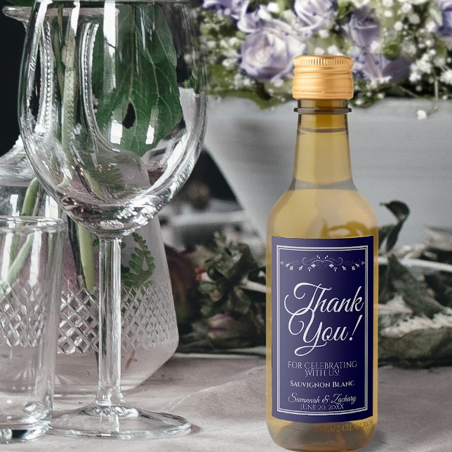 Silver on Navy Blue Wedding Thank You Mini Wine Label (Creator Uploaded)