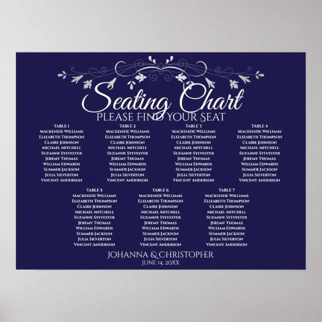 Silver on Navy Chic 7 Table Wedding Seating Chart (Front)