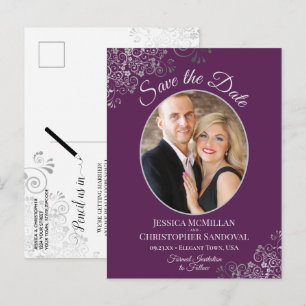 Silver on Plum Purple Wedding Save the Date Photo Announcement Postcard