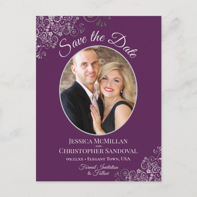 Silver on Plum Purple Wedding Save the Date Photo Announcement Postcard (Front)