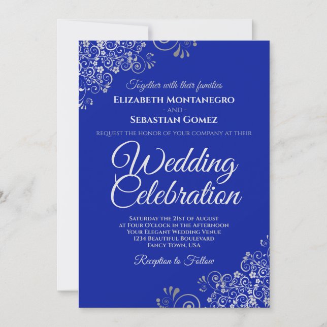 Silver on Royal Blue Simple Elegant Wedding Invitation (Front)