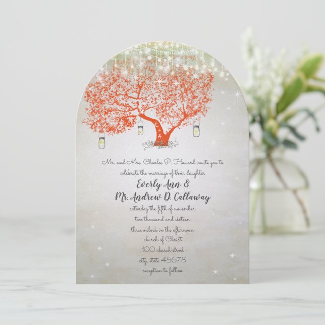 Silver Orange Coral Rustic Country Forest Wedding Invitation (Standing Front)