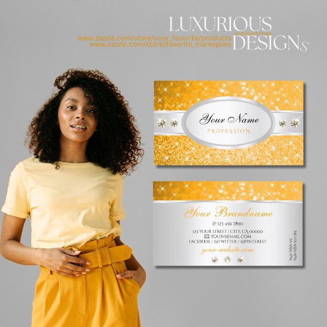 Silver Orange Glitter Sparkle Diamonds Stylish Business Card (Creator Uploaded)