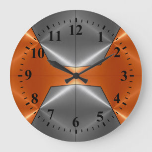 Silver Orange Stainless Steel Metal Look 2 Large Clock