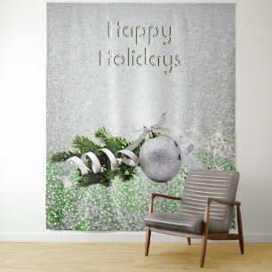 Silver Ornament White Ribbon Christmas Backdrop Tapestry