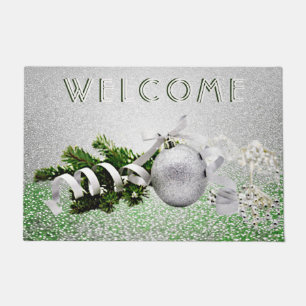 Silver Ornament White Ribbon Christmas Doormat