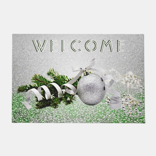 Silver Ornament White Ribbon Christmas Doormat (Front)