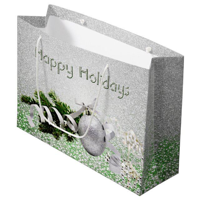 Silver Ornament White Ribbon Christmas Gift Bag (Front Angled)