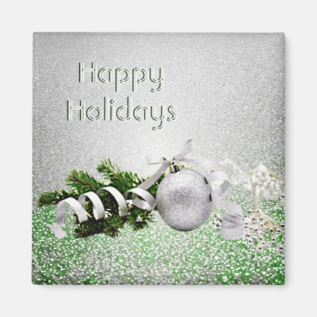 Silver Ornament White Ribbon Christmas Magnet (Front)