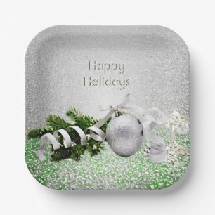 Silver Ornament White Ribbon Christmas Paper Plate