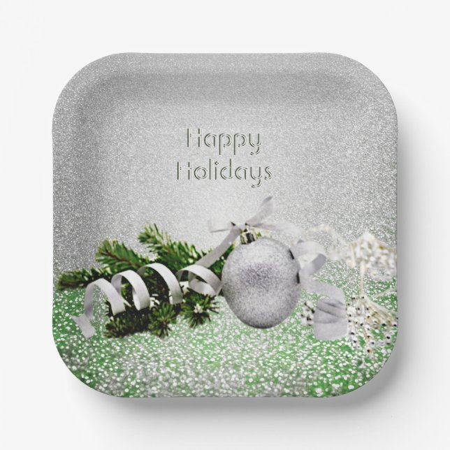 Silver Ornament White Ribbon Christmas Paper Plate (Front)