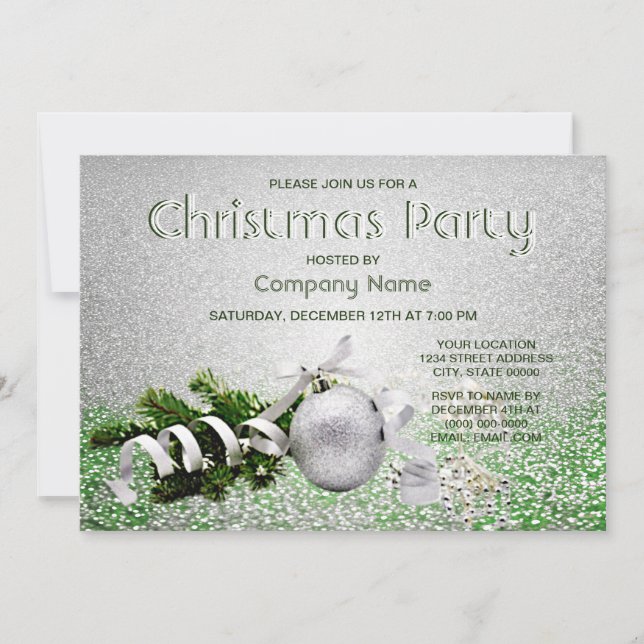 Silver Ornament White Ribbon Christmas Party Invitation (Front)