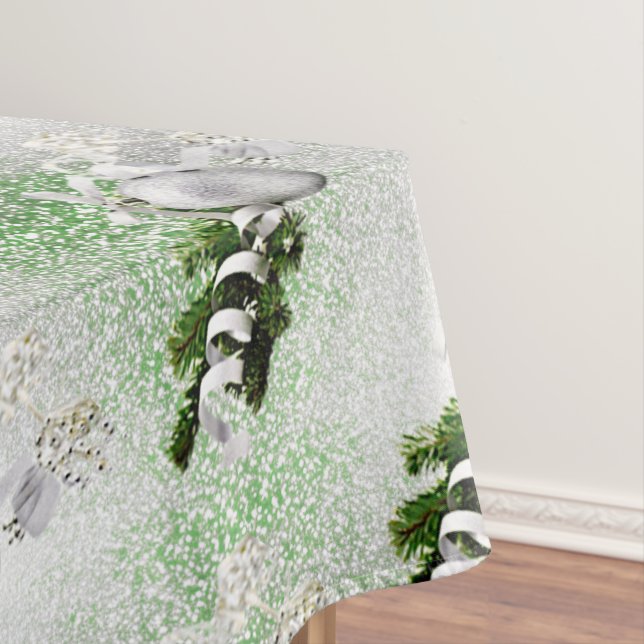 Silver Ornament White Ribbon Christmas Tablecloth (In Situ)