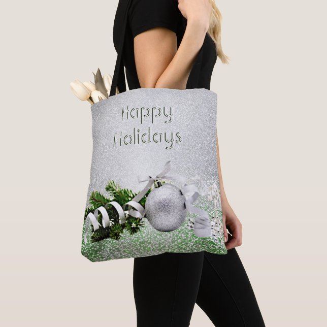 Silver Ornament White Ribbon Christmas Tote Bag (Close Up)