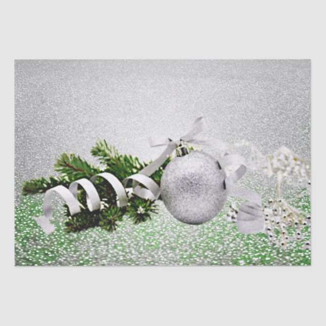 Silver Ornament White Ribbon Holiday Tissue Paper (Front)