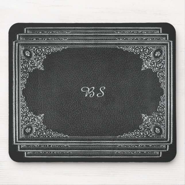 Silver Ornamental on Black with Initials Mouse Mat (Front)