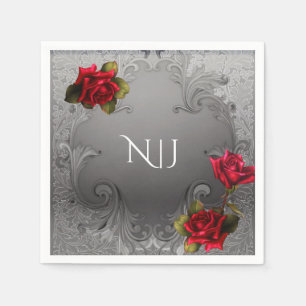 Silver Ornamental Vintage Fancy Red Roses Wedding Napkin