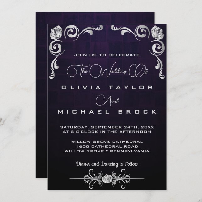 Silver ornamental wedding invitation (Front/Back)