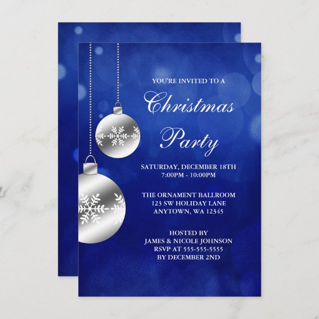Silver Ornaments Blue Bokeh Christmas Party Invitation (Front/Back)
