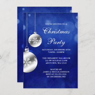 Silver Ornaments Blue Bokeh Christmas Party Invitation
