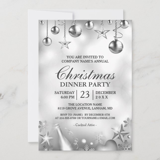 Silver Ornaments Christmas Corporate Holiday Party Invitation (Front)