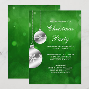 Silver Ornaments Green Bokeh Christmas Party Invitation
