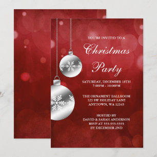 Silver Ornaments Red Bokeh Christmas Party Invitation