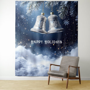 Silver Ornate Bells on Frosty Pines Backdrop Tapestry