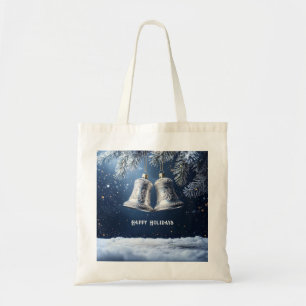 Silver Ornate Bells on Frosty Pines Tote Bag