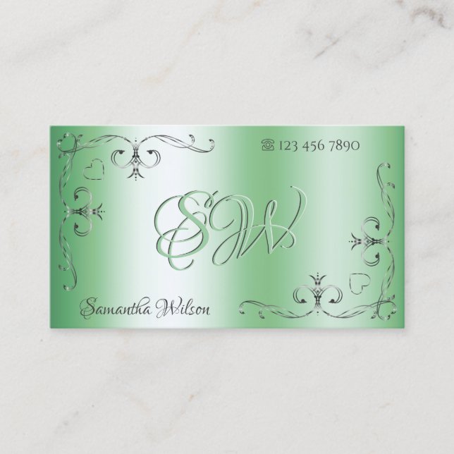 Silver Ornate Corners Initials Chic Luminous Green Business Card (Front)
