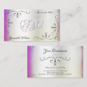 Silver Ornate Corners Initials Purple Pink Shimmer Business Card
