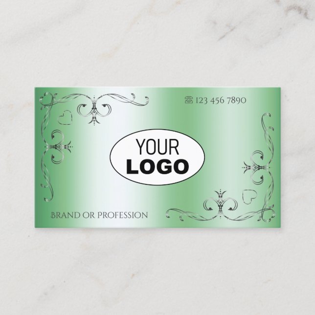 Silver Ornate Corners with Logo Luminous Green Business Card (Front)