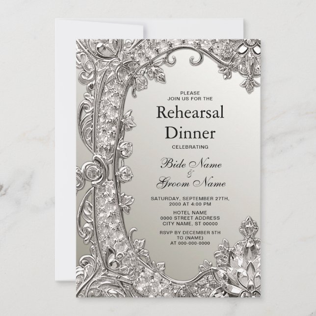 Silver Ornate Modern Rehearsal Dinner Invitation (Front)