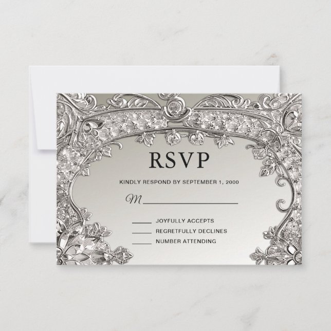 Silver Ornate Modern RSVP Card (Front)
