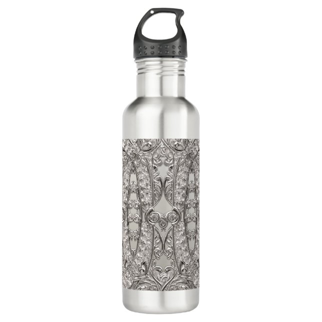 Silver Ornate Modern Water Bottle (Front)