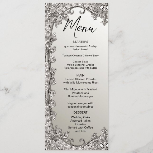 Silver Ornate Modern Wedding Menu (Front)