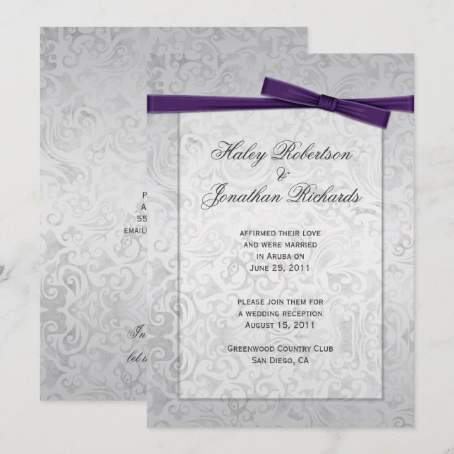 Silver Overlay Purple Ribbon Bow Post Wedding Invitation (Front/Back)