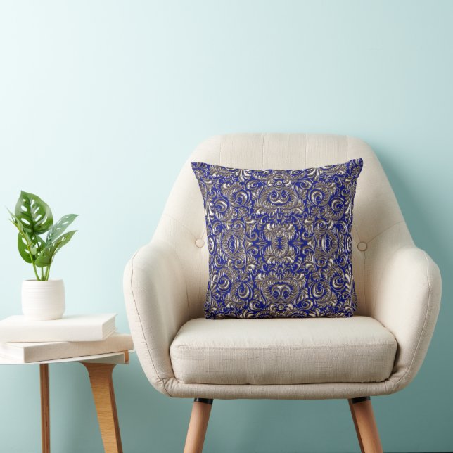 Silver Paisley Blue Throw Pillow (Chair)