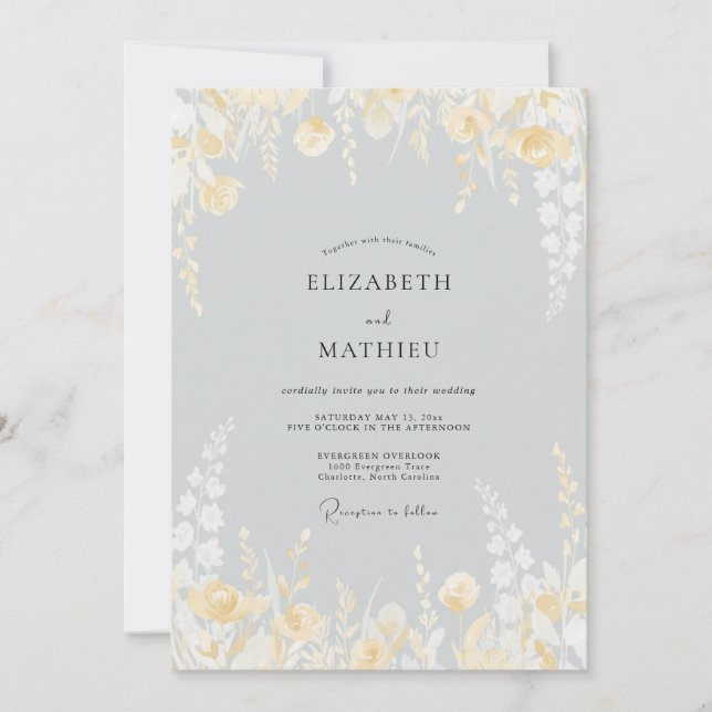 Silver Pale Gold Blossom Wedding Invitation (Front)