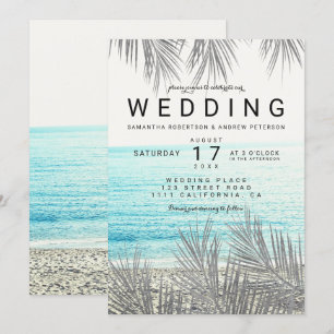 Silver palm tree elegant beach photo wedding invitation